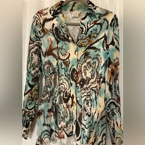 Alberto Makali V-neck Crinkle Abalone Button down blouse. Sz M